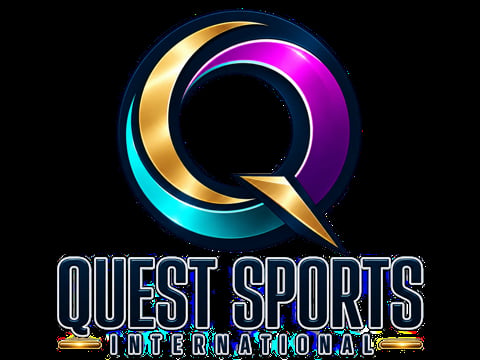 Quest Sports International logo featuring a stylized Q design with neon colors including cyan, magenta, and gold on a black background